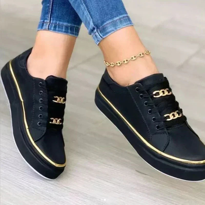 Black Orthopedic Women's Shoes with Gold Accents