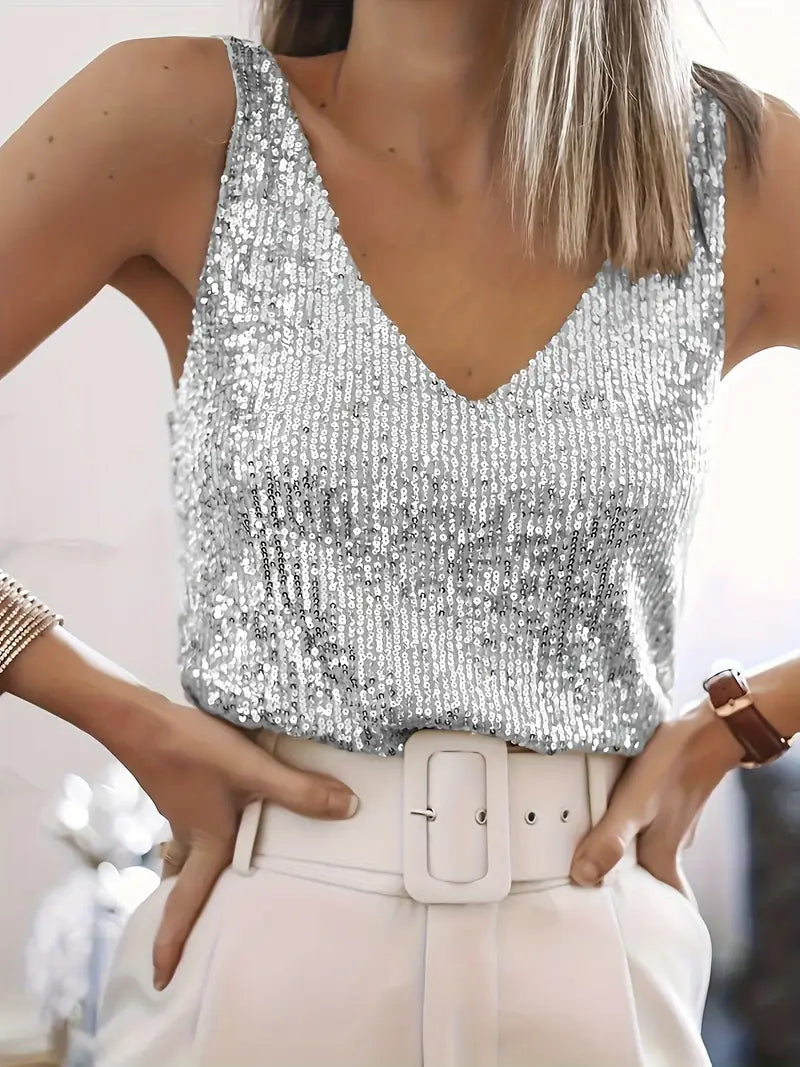 Women's Sequin Tank Top V-Neck Sleeveless Going Out Top