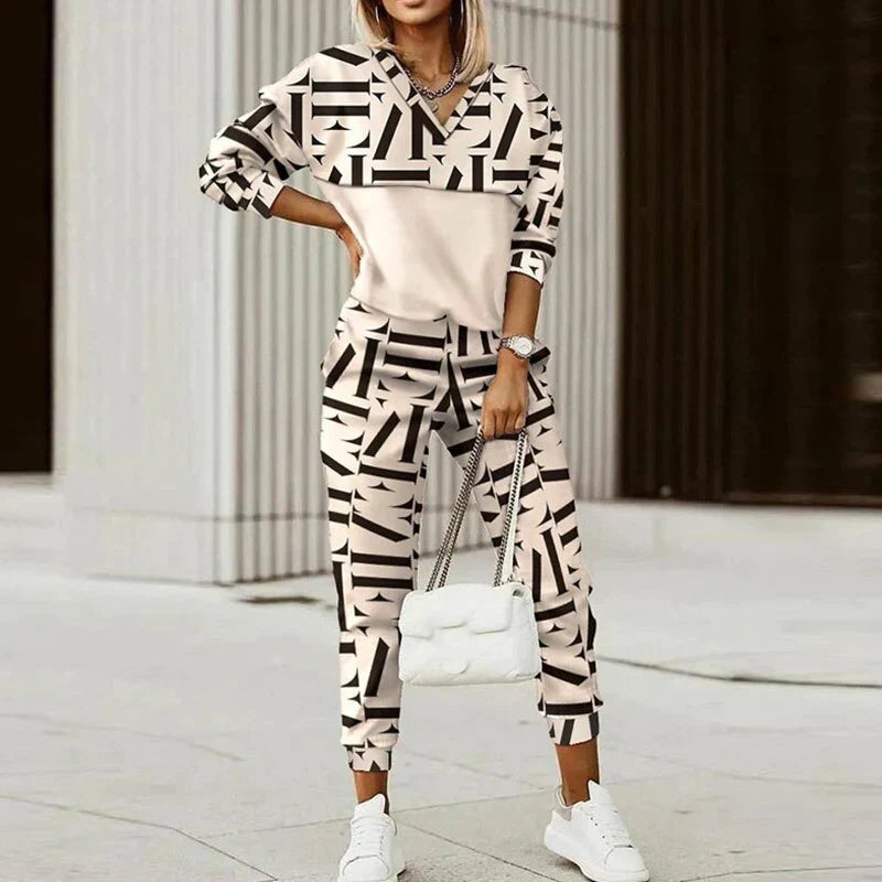 Women's Patterned Zipper Tracksuit Set | Relaxed Fit