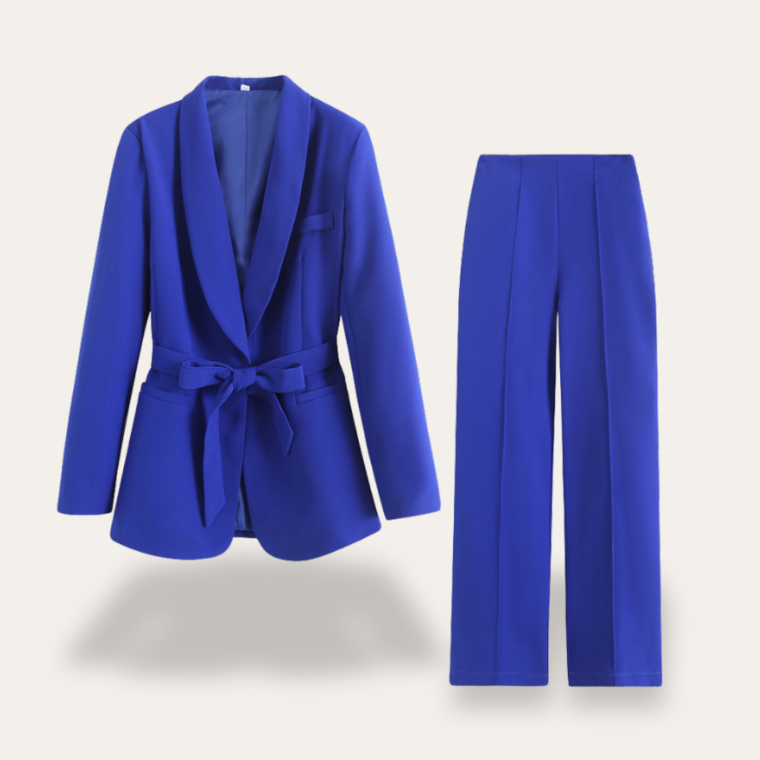 Women's Belted Blazer and Wide Leg Trousers Set