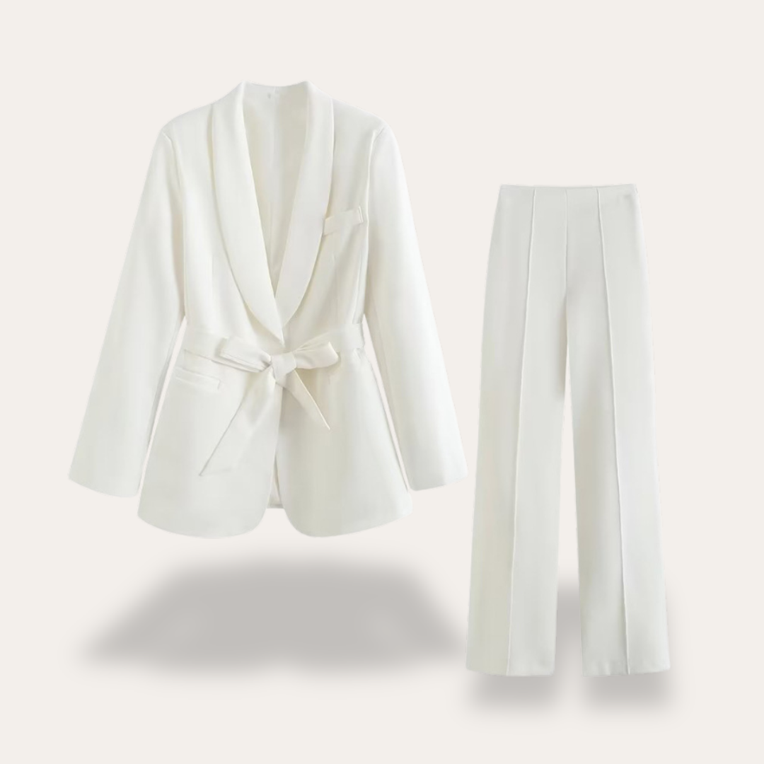 Women's Belted Blazer and Wide Leg Trousers Set