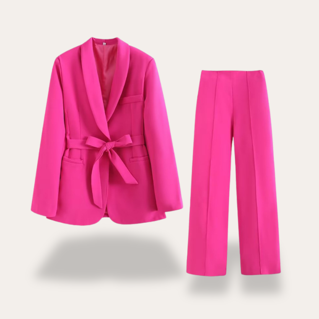 Women's Belted Blazer and Wide Leg Trousers Set