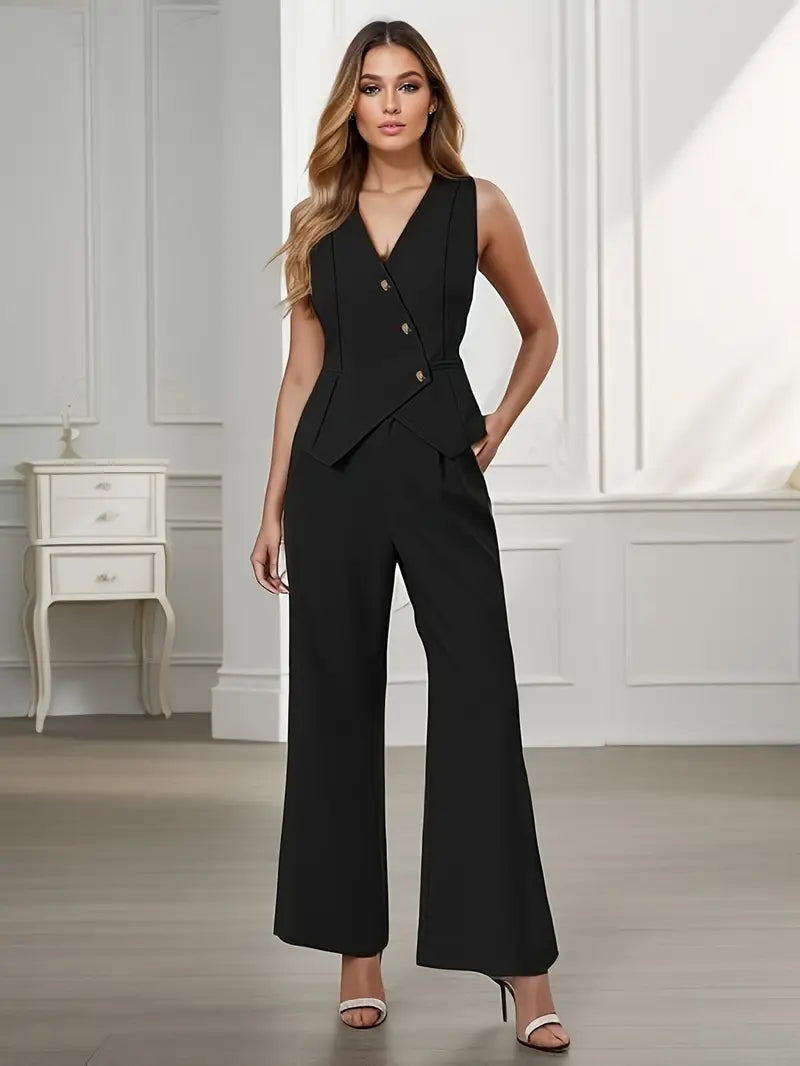 Women's Tailored Two-Piece Suit | Sleeveless Blazer & Wide-Leg Trousers