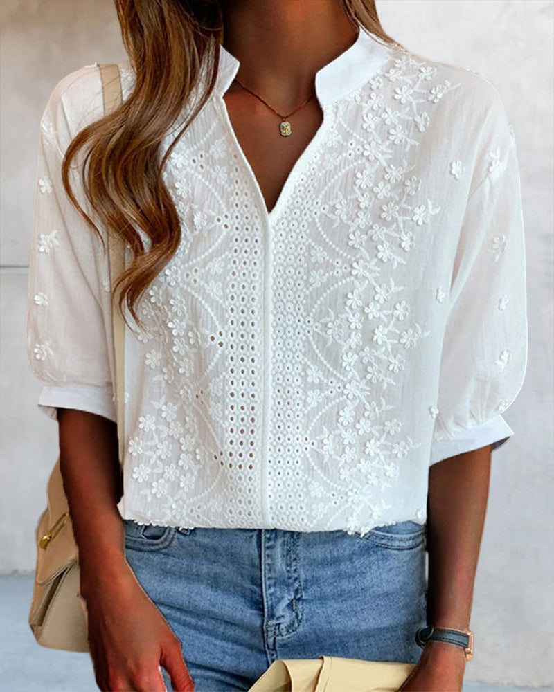 Viscose Women's Blouse with Puff Sleeves – Elegant V Neck Summer Top