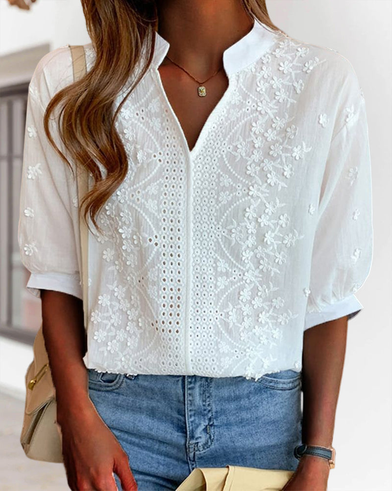 Viscose Women's Blouse with Puff Sleeves – Elegant V Neck Summer Top