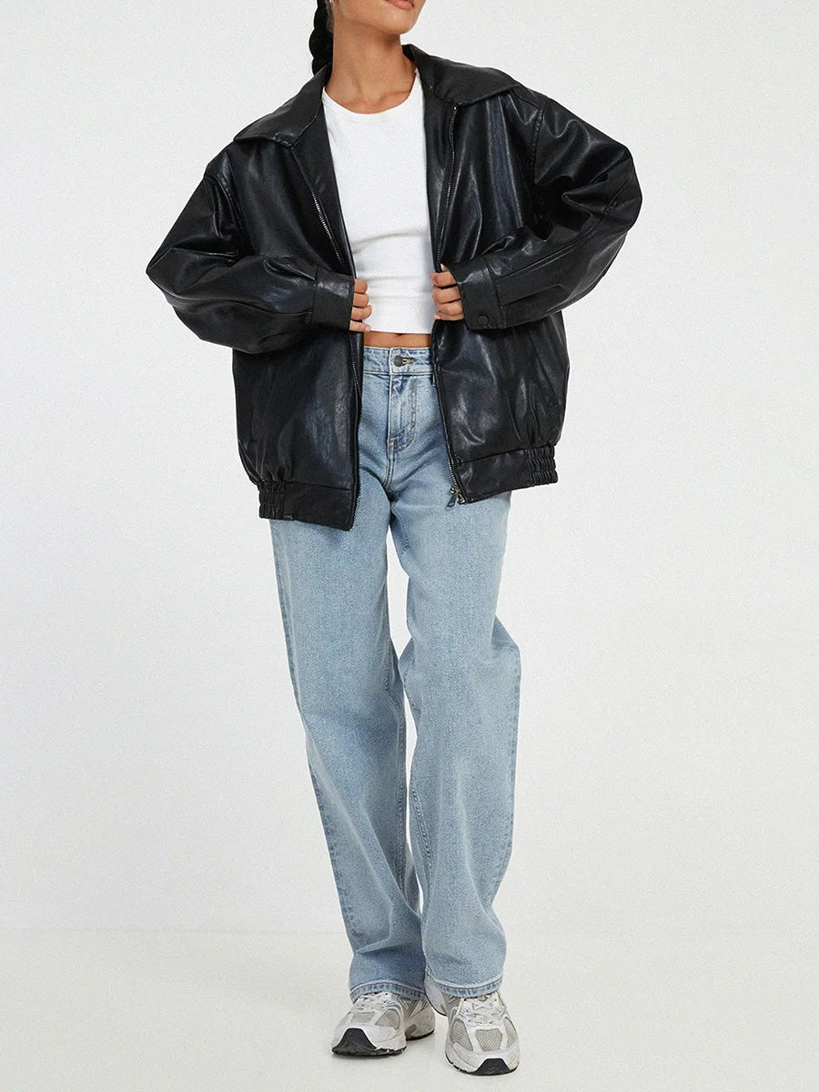 Women's Faux Leather Oversized Bomber Jacket