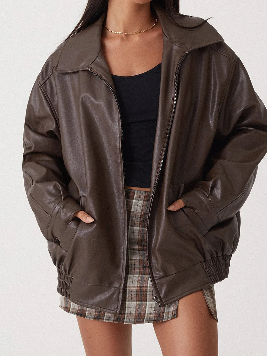 Women's Faux Leather Oversized Bomber Jacket
