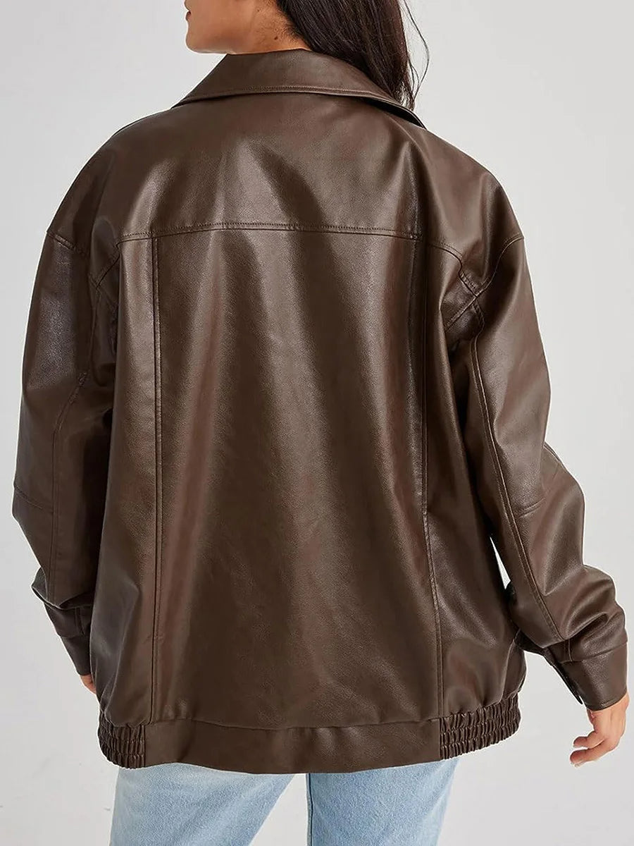 Women's Faux Leather Oversized Bomber Jacket