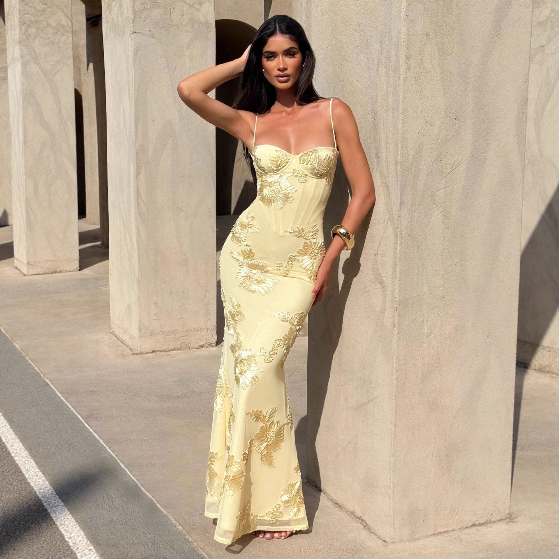 Floral Maxi Dress with Spaghetti Straps – Elegant Summer Gown