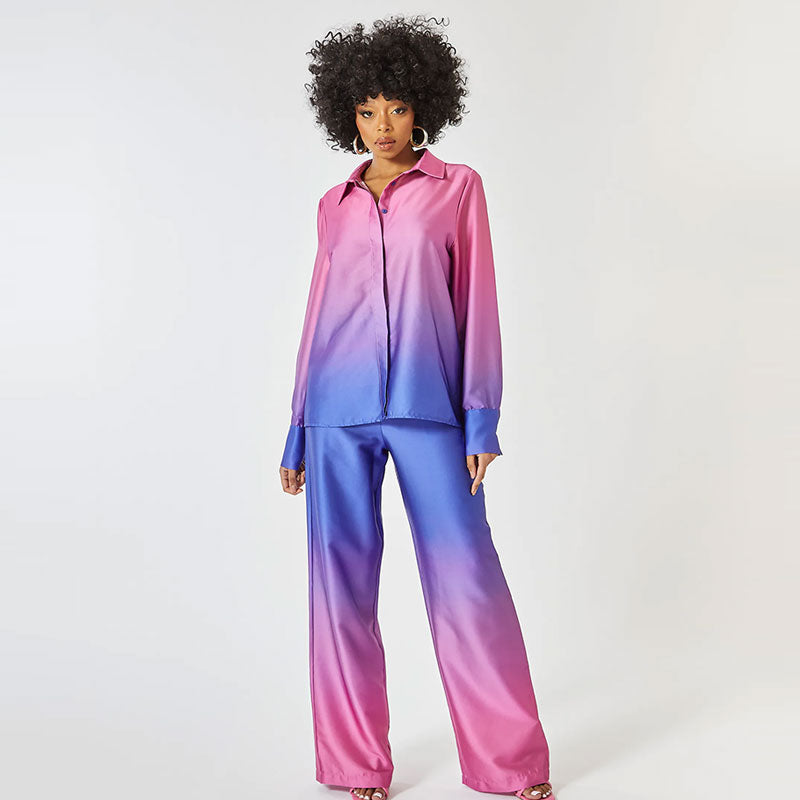 Women's Gradient Ombré Loungewear Set – Relaxed Shirt & Trousers