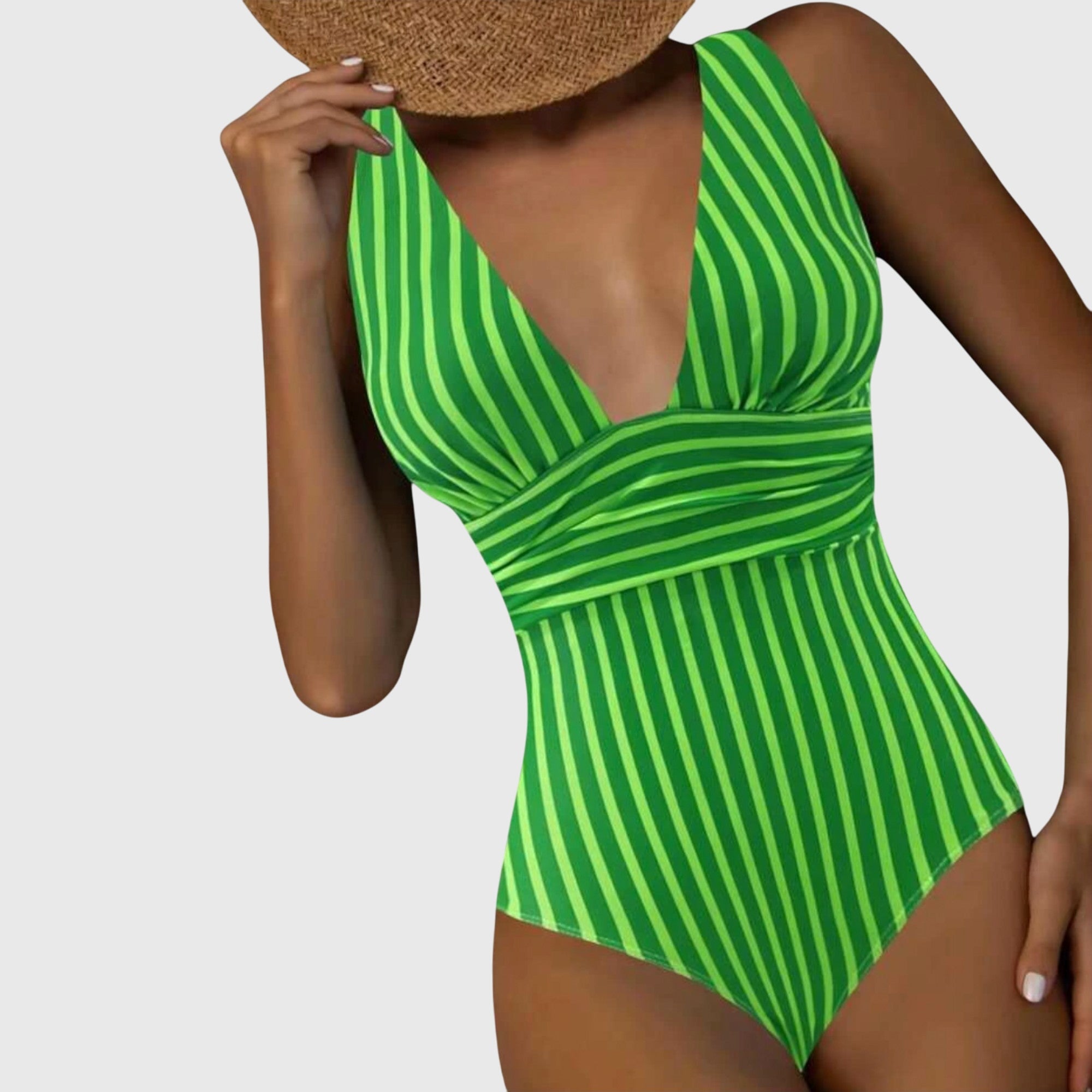 Striped V-Neck One-Piece Swimsuit for Women | High-Quality Swim Fabric