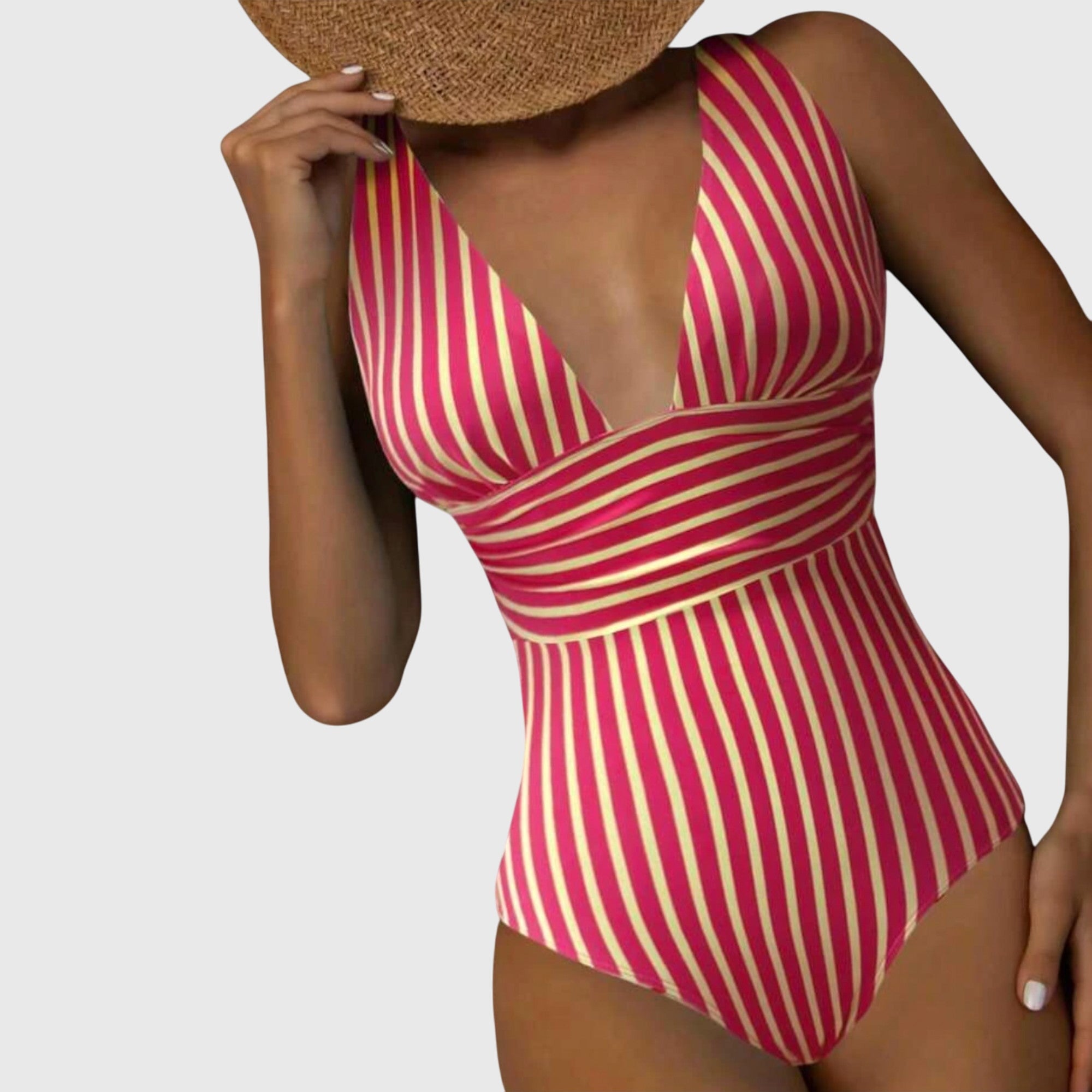Striped V-Neck One-Piece Swimsuit for Women | High-Quality Swim Fabric