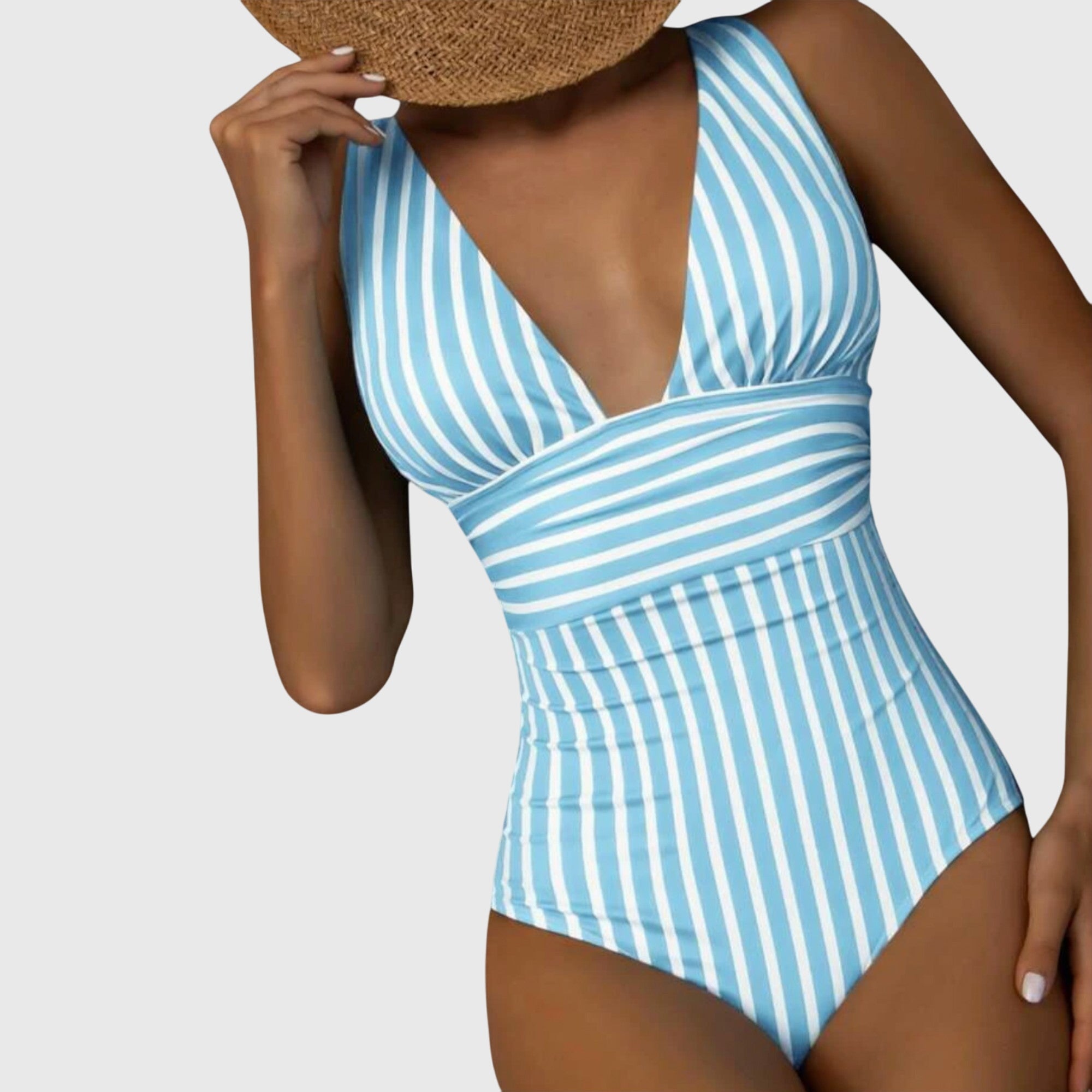 Striped V-Neck One-Piece Swimsuit for Women | High-Quality Swim Fabric