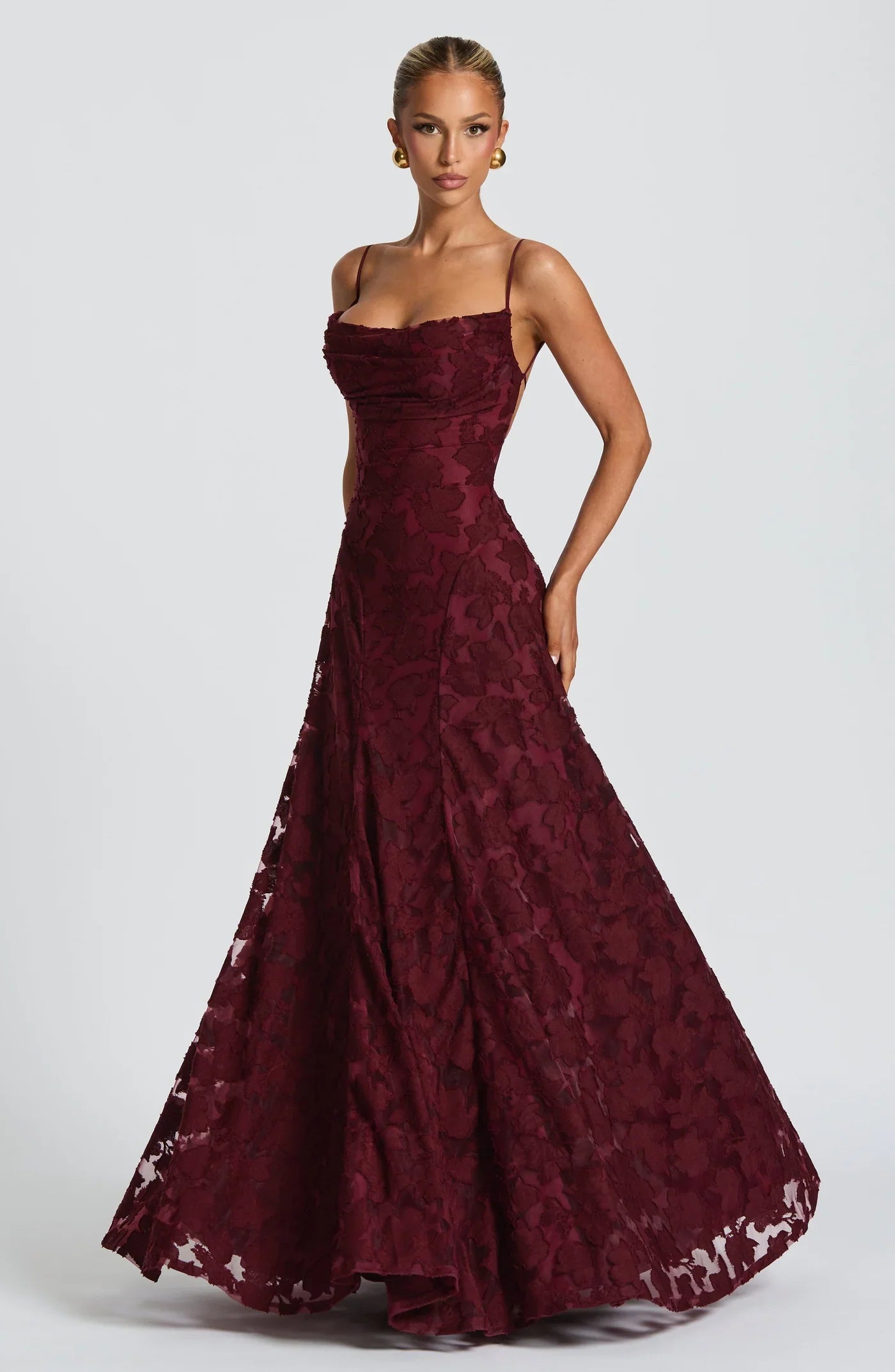 Burgundy Jacquard Evening Dress with Flowing Skirt