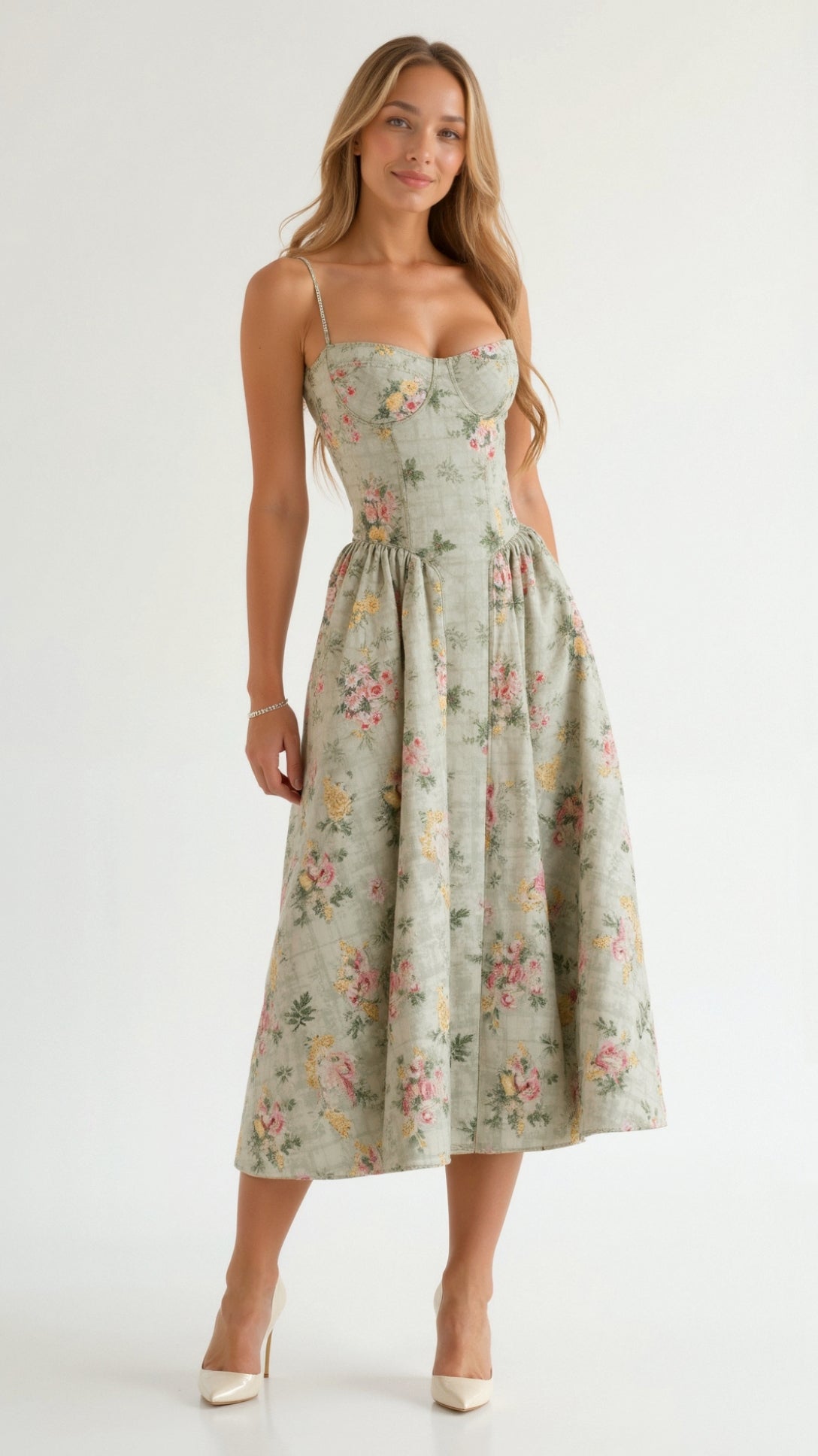 Floral Midi Dress Women's Lightweight Sweetheart Neckline Summer