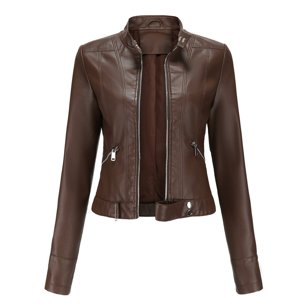 Women's PU Leather Biker Jacket with High Collar & Belt