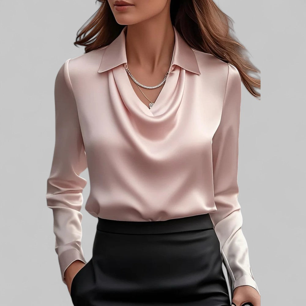 Satin Long Sleeve Blouse for Women – Draped Elegant Top