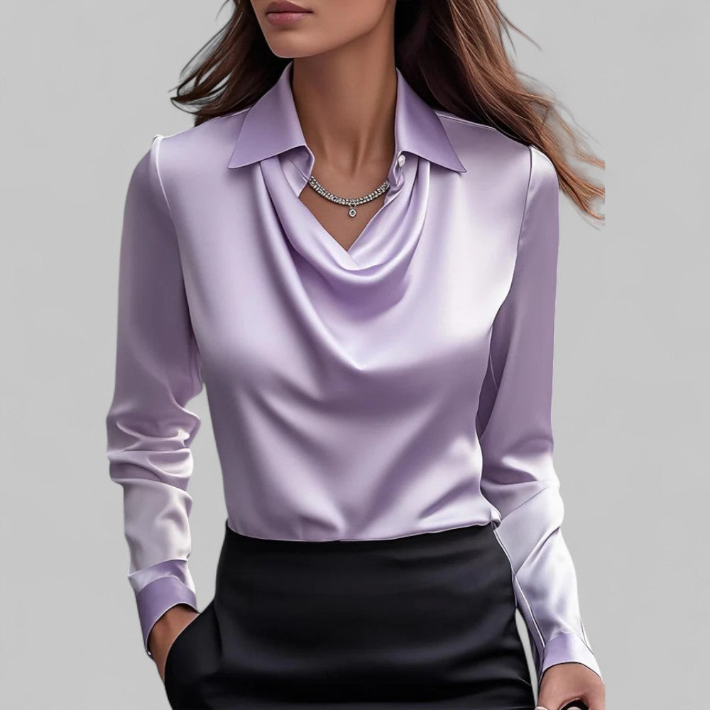 Satin Long Sleeve Blouse for Women – Draped Elegant Top