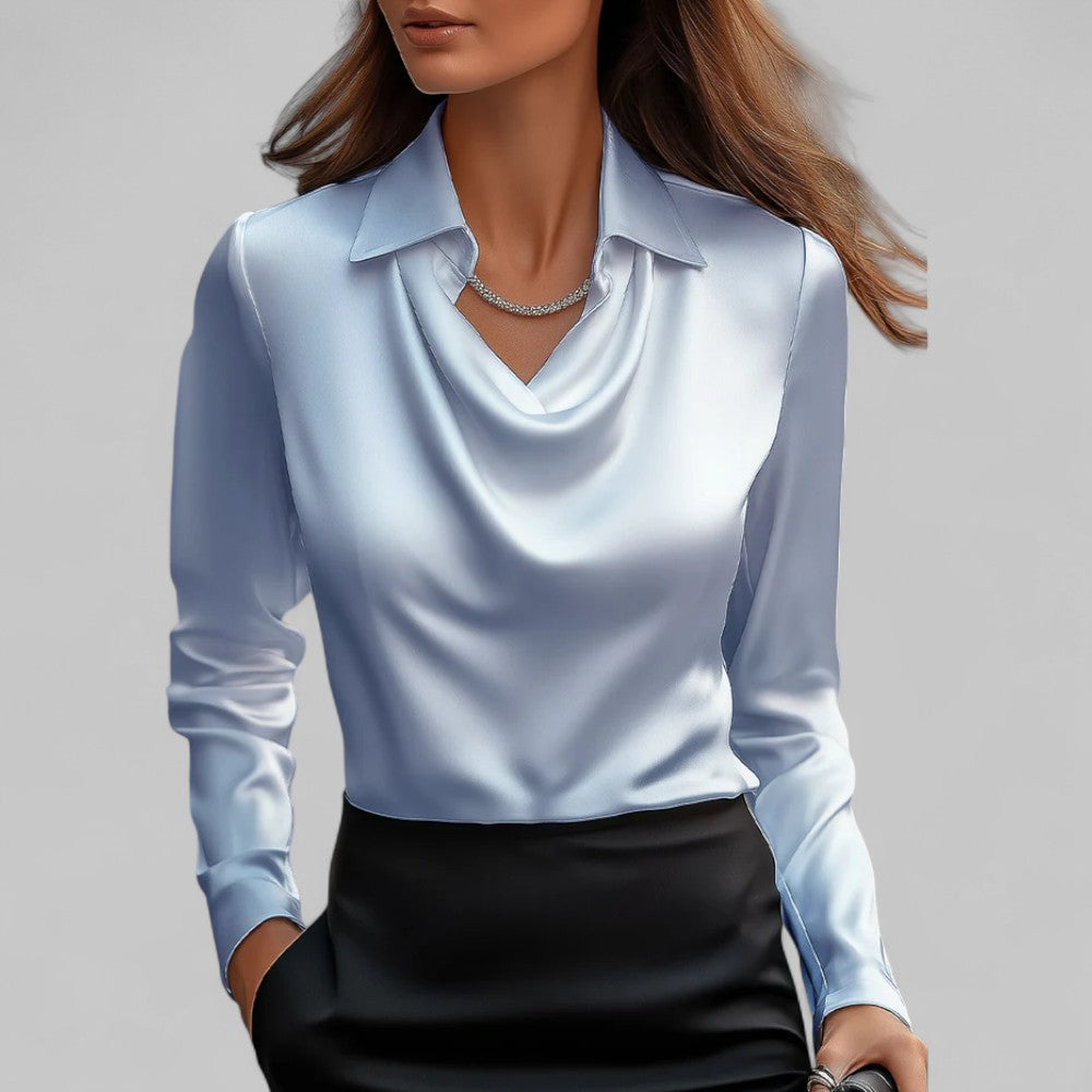 Satin Long Sleeve Blouse for Women – Draped Elegant Top