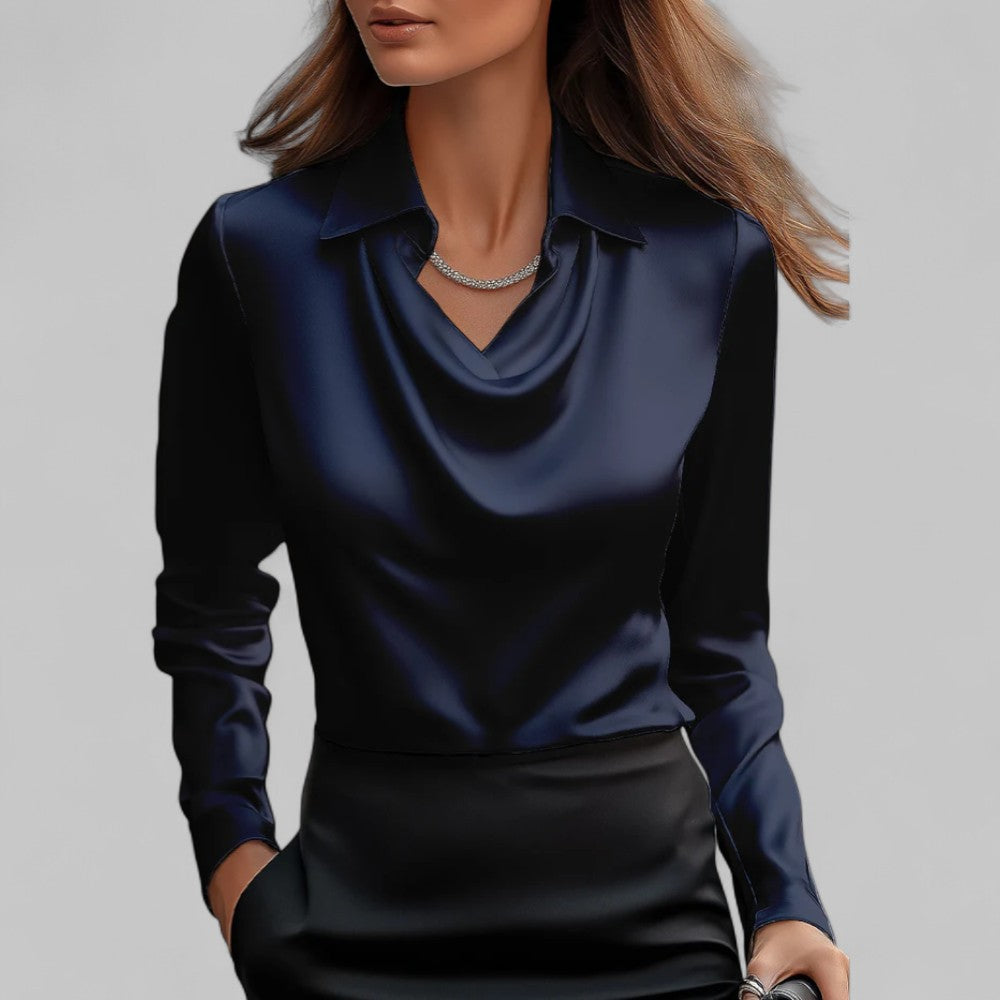 Satin Long Sleeve Blouse for Women – Draped Elegant Top