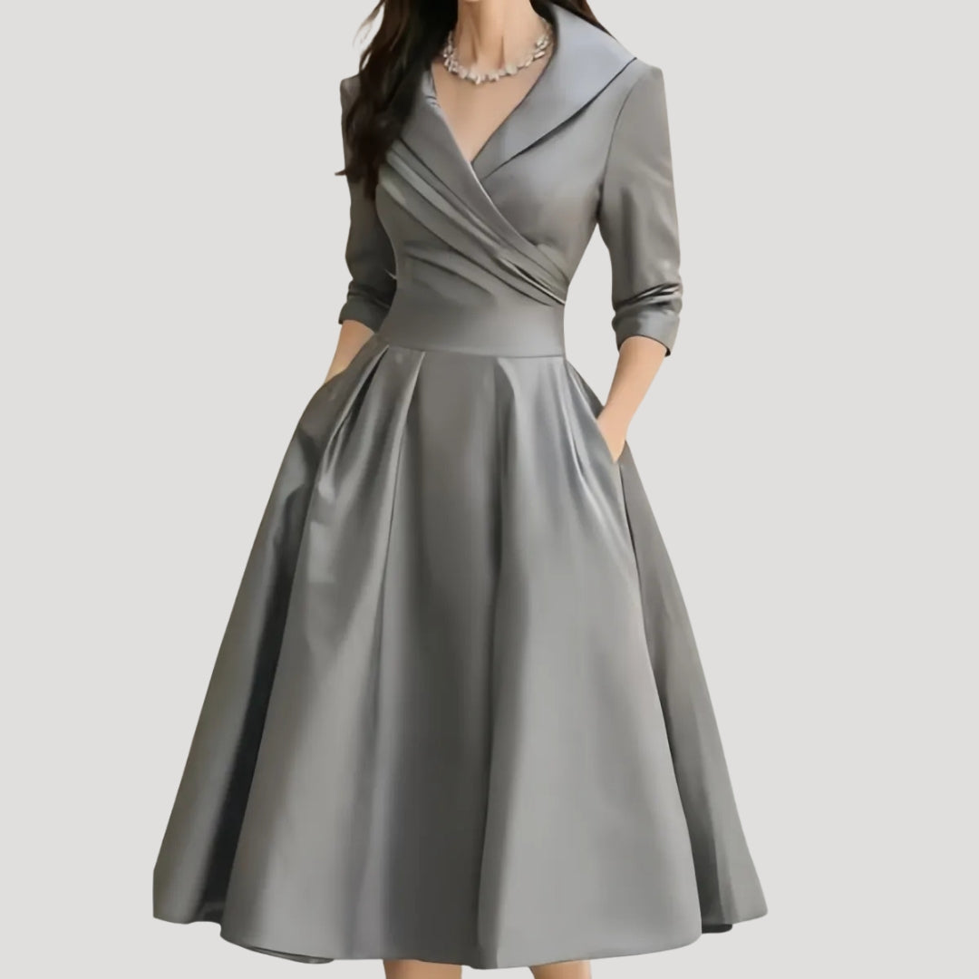 Women's Midi Dress with V Neck & Three-Quarter Sleeves – Elegant Formal Wear