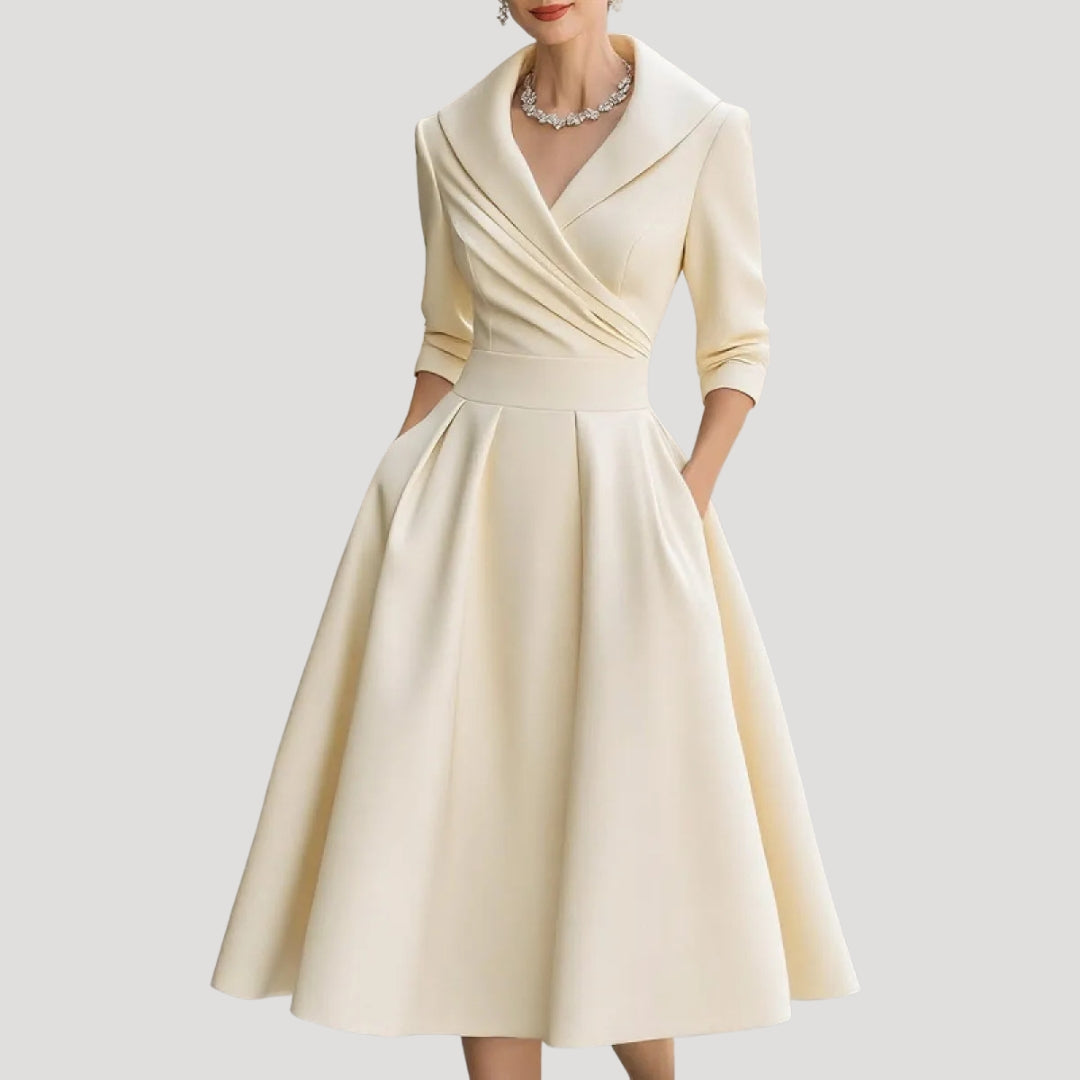 Women's Midi Dress with V Neck & Three-Quarter Sleeves – Elegant Formal Wear