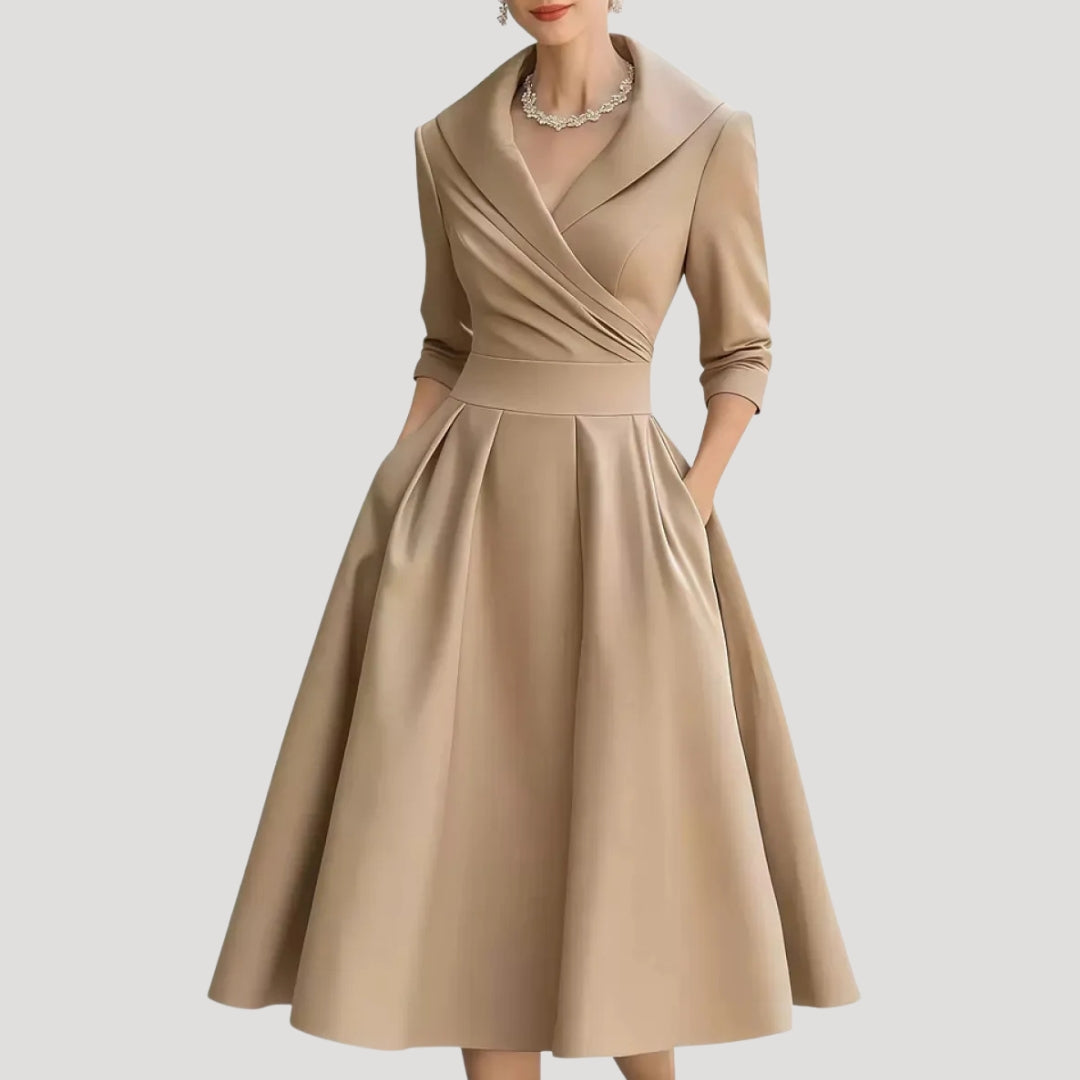 Women's Midi Dress with V Neck & Three-Quarter Sleeves – Elegant Formal Wear