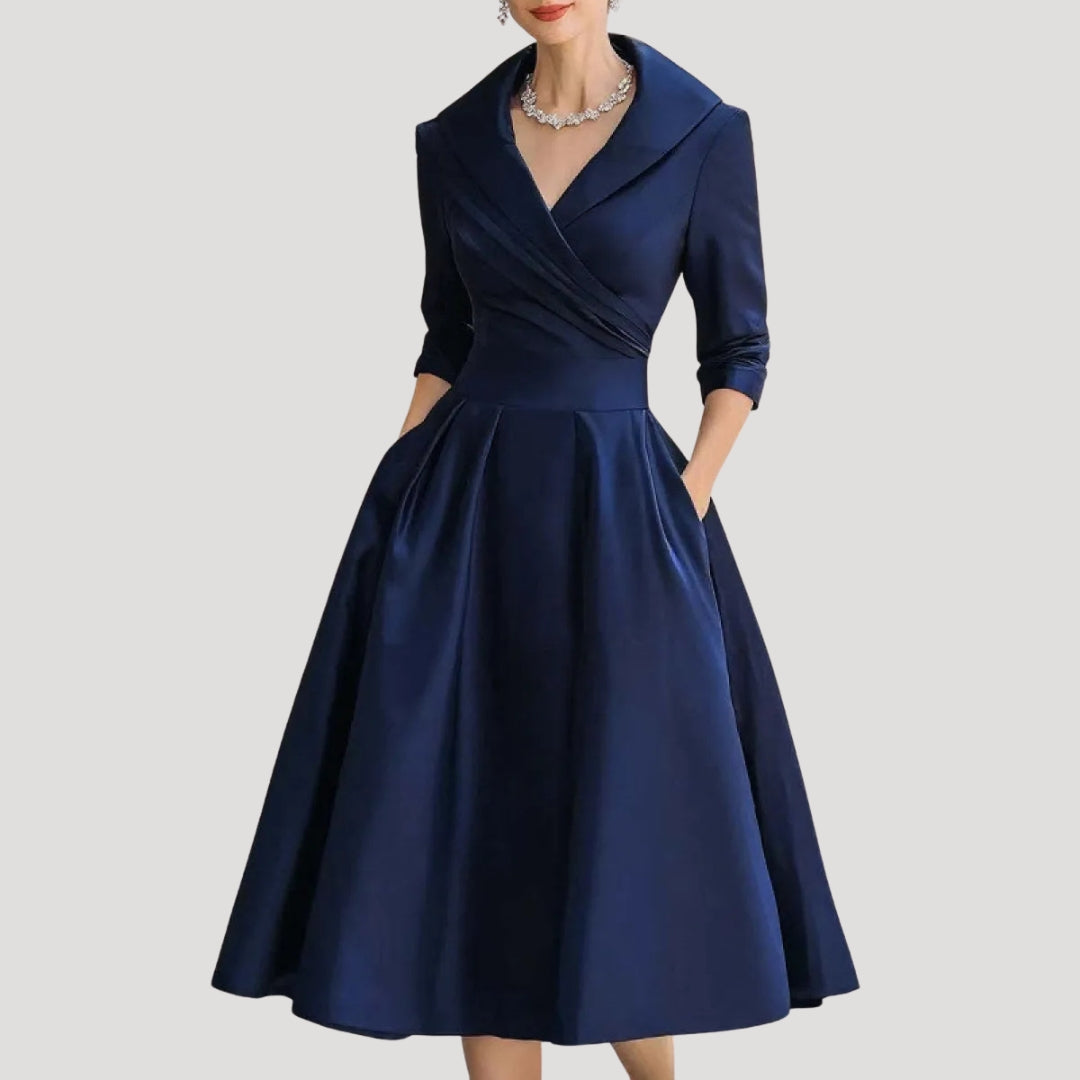 Women's Midi Dress with V Neck & Three-Quarter Sleeves – Elegant Formal Wear