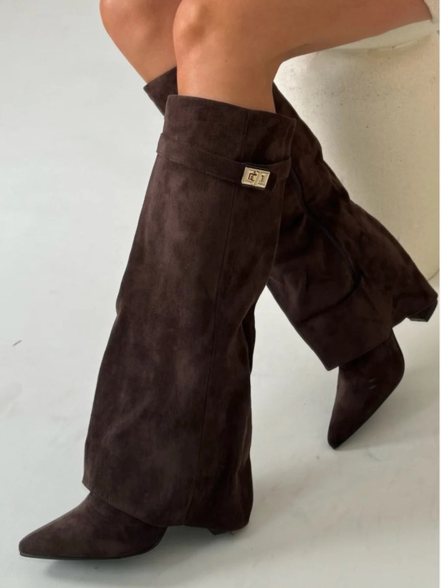 Women's Smooth Leather Knee High Boots with Wide Flare Top