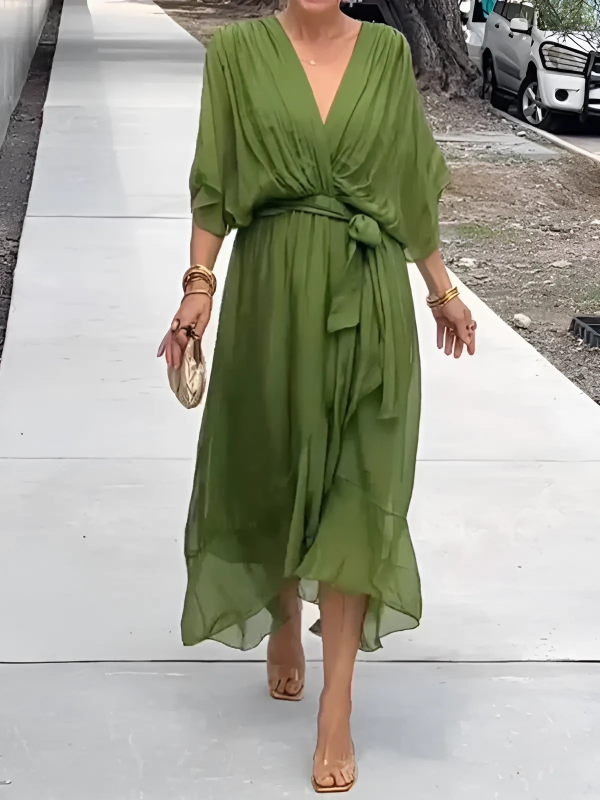 Soft Midi Dress with Flutter Sleeves | Tie Waist Summer Dress