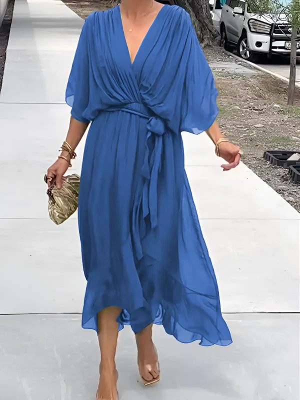 Soft Midi Dress with Flutter Sleeves | Tie Waist Summer Dress