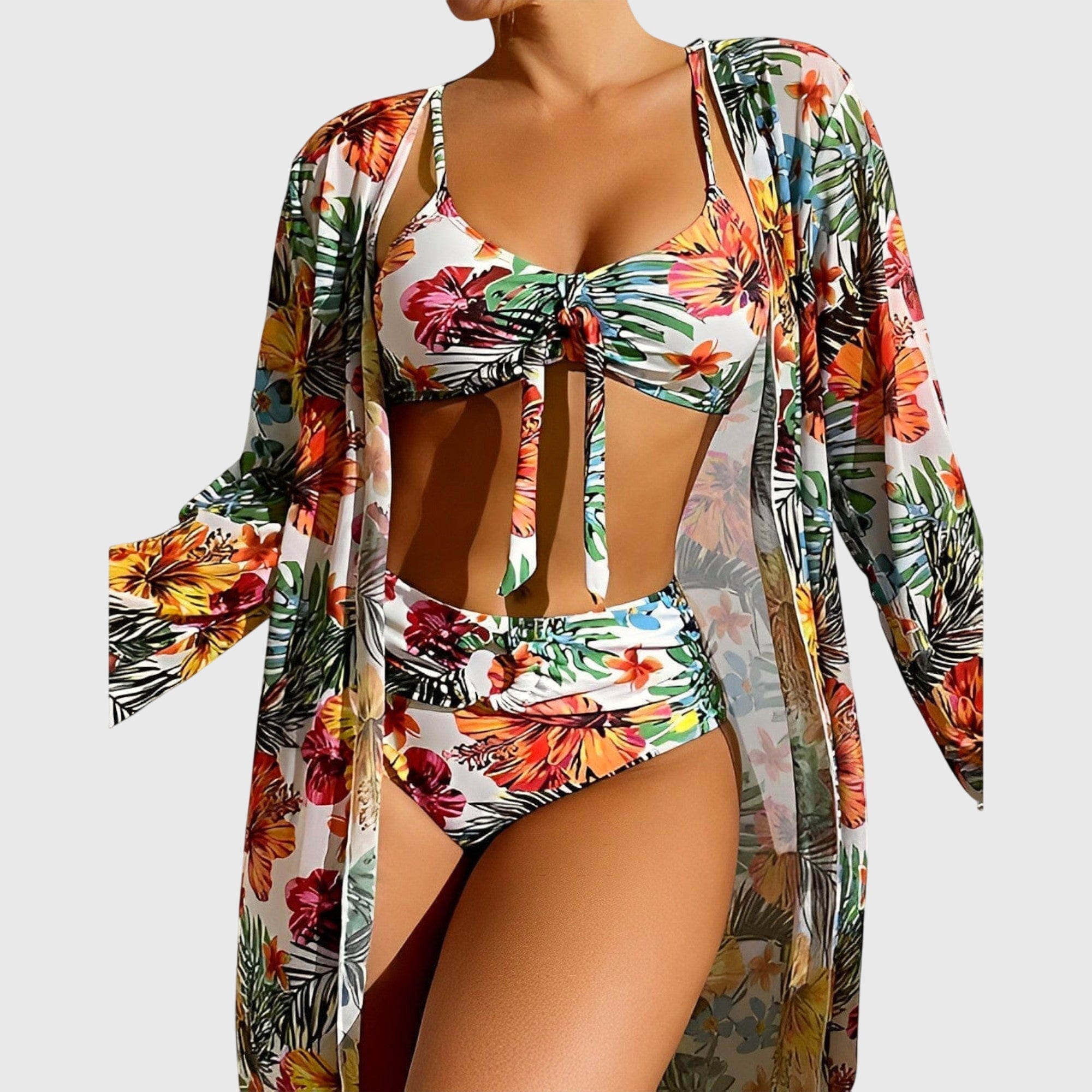 Women's Tropical Print High-Waisted Bikini Set with Cover-Up