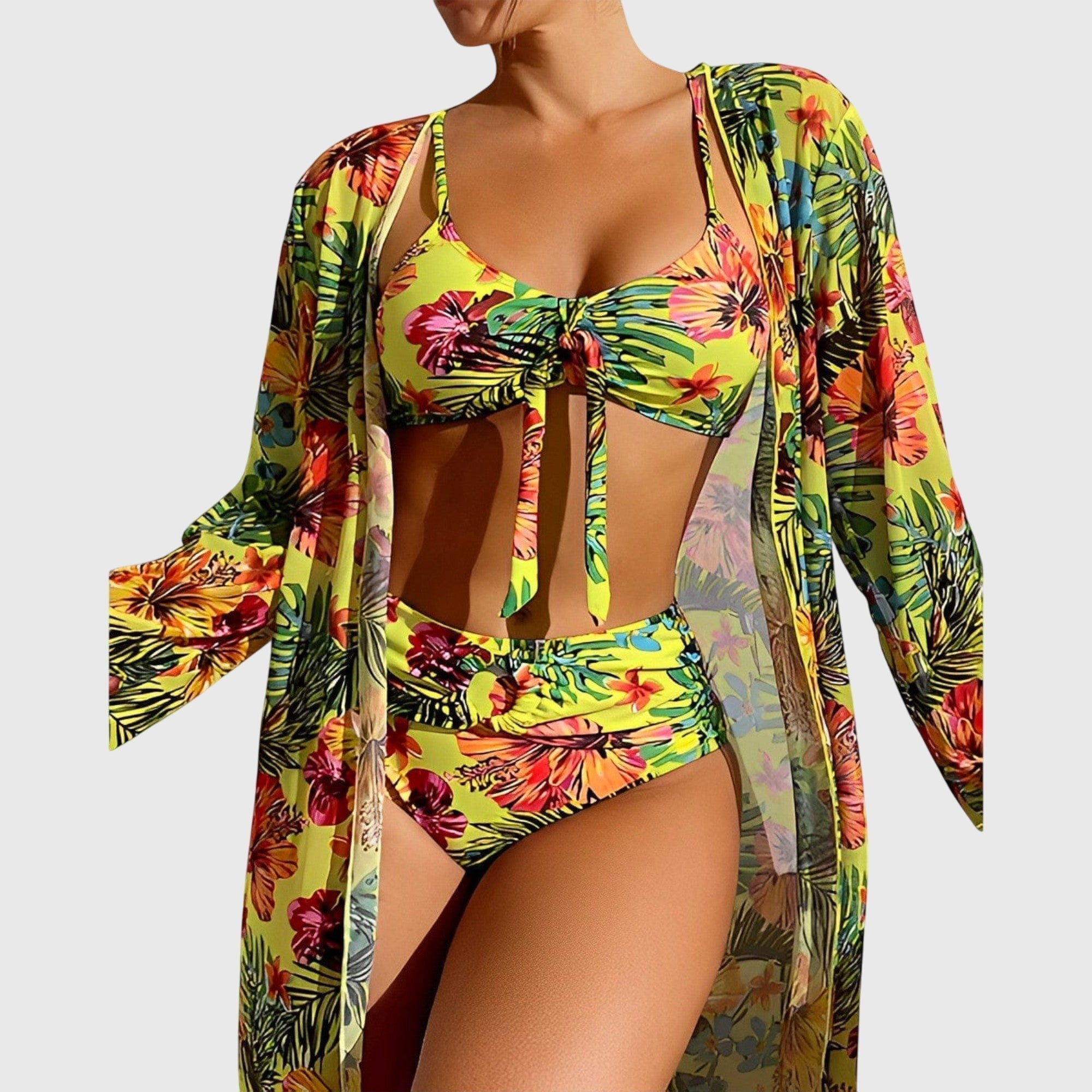 Women's Tropical Print High-Waisted Bikini Set with Cover-Up
