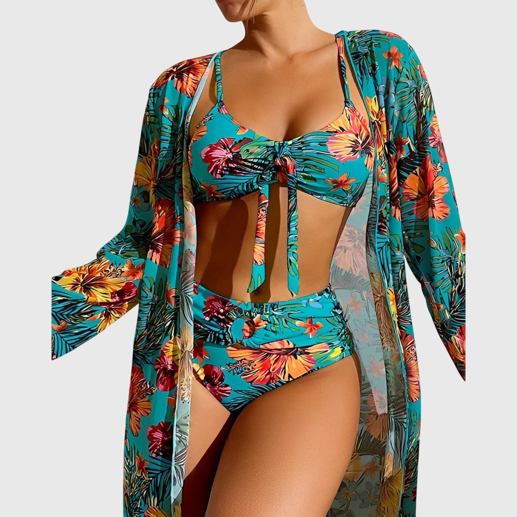 Women's Tropical Print High-Waisted Bikini Set with Cover-Up