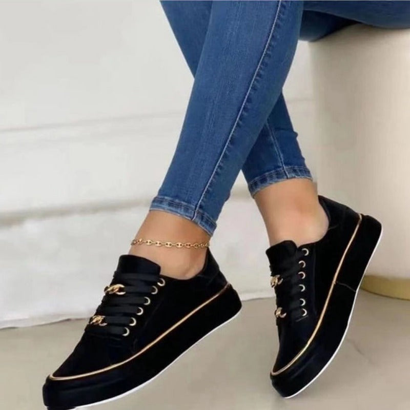 Black Orthopedic Women's Shoes with Gold Accents