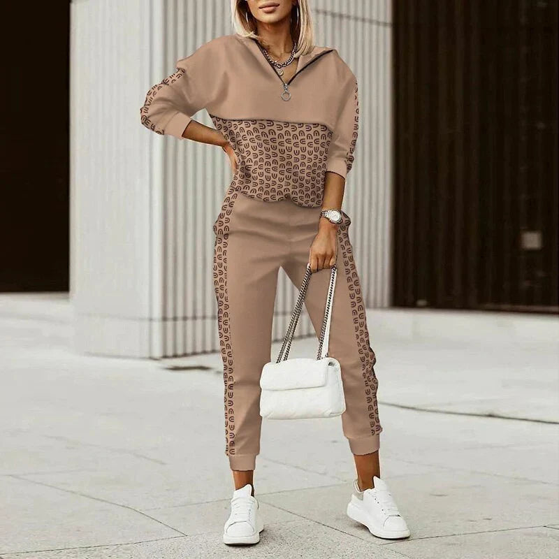 Women's Patterned Zipper Tracksuit Set | Relaxed Fit