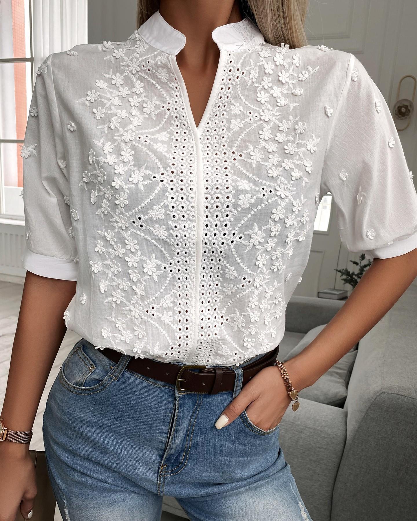 Women's Cotton Blend Embroidered Blouse | Floral Summer Top