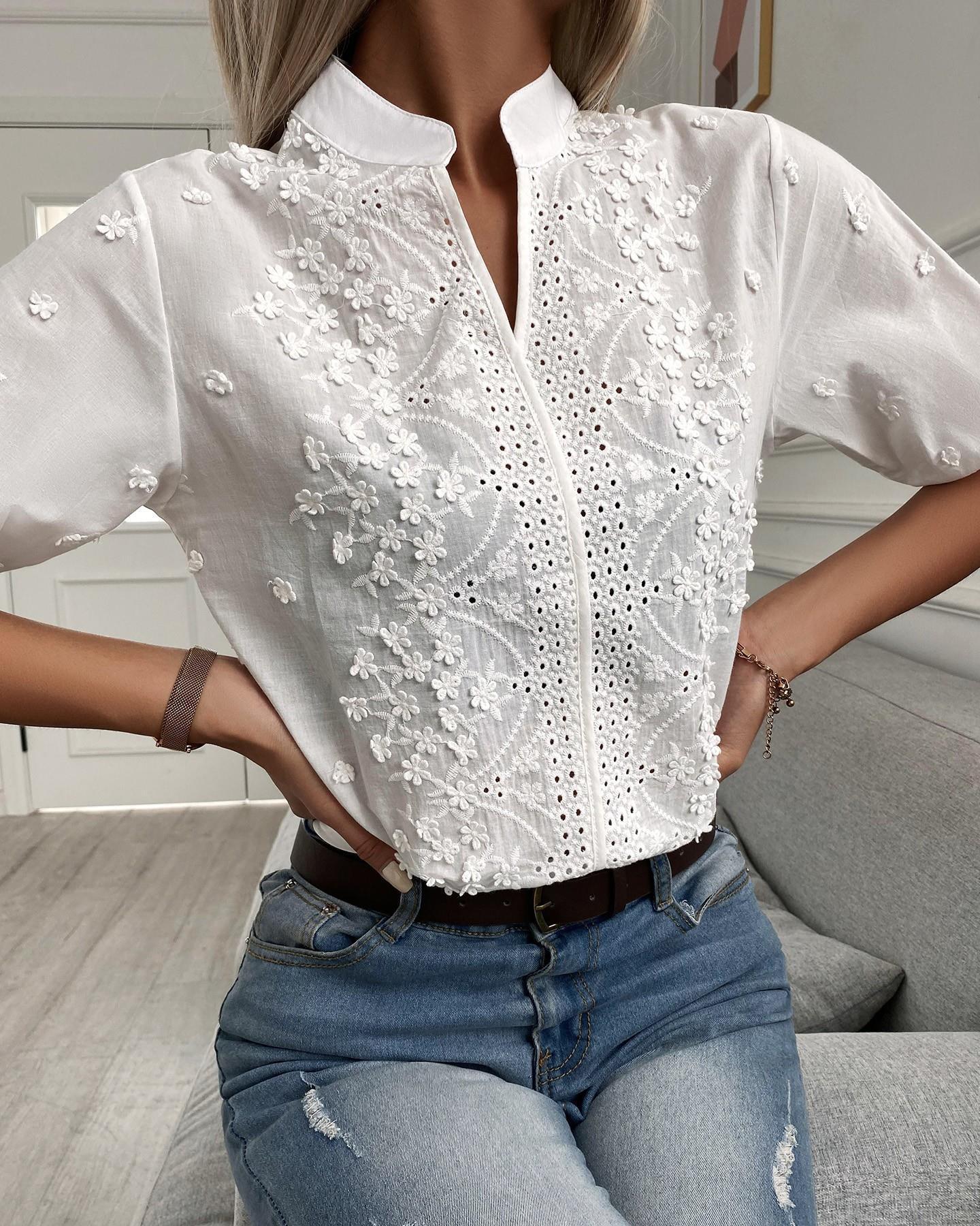 Women's Cotton Blend Embroidered Blouse | Floral Summer Top