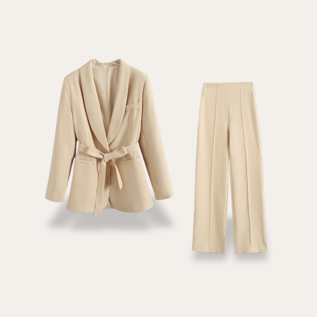 Women's Belted Blazer and Wide Leg Trousers Set