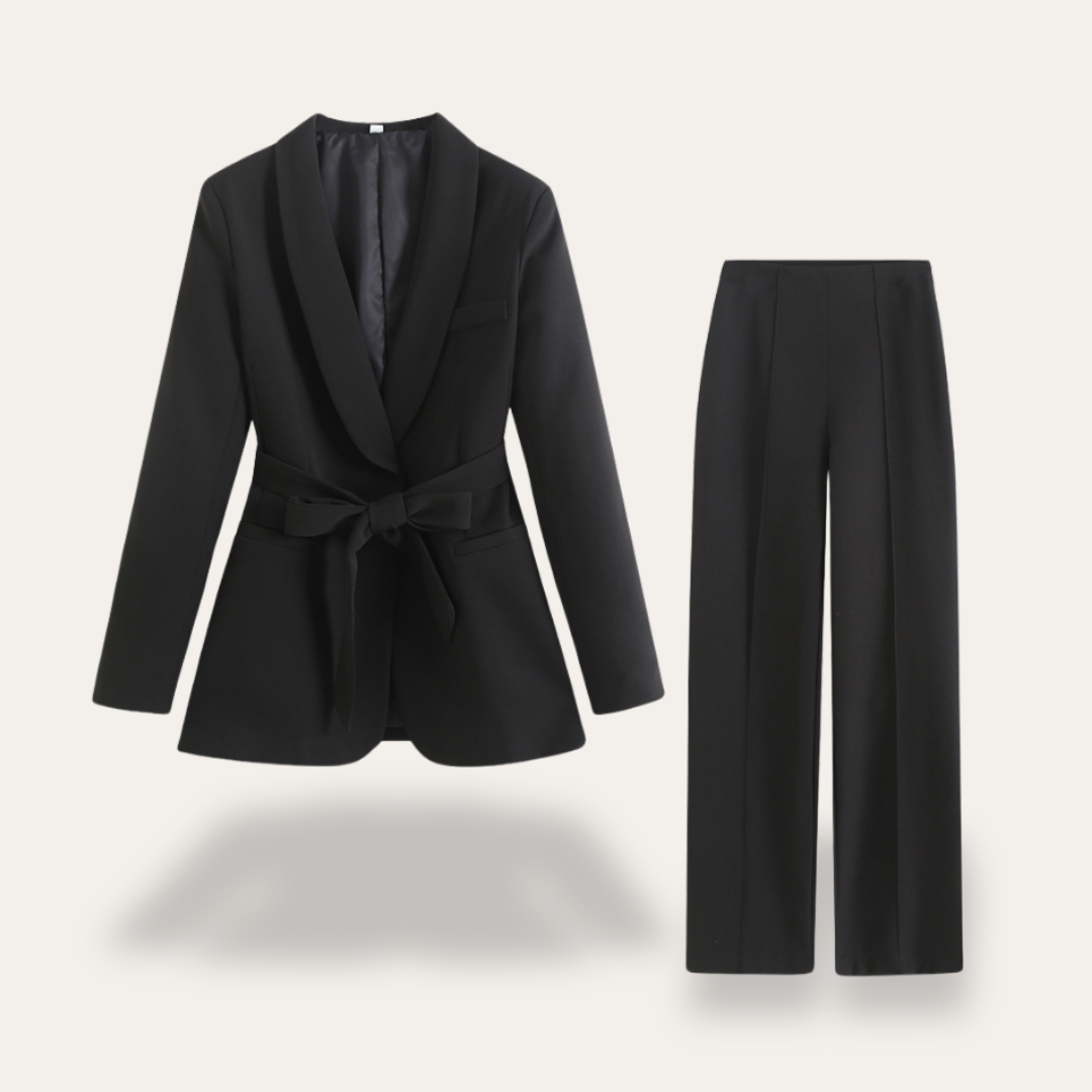 Women's Belted Blazer and Wide Leg Trousers Set