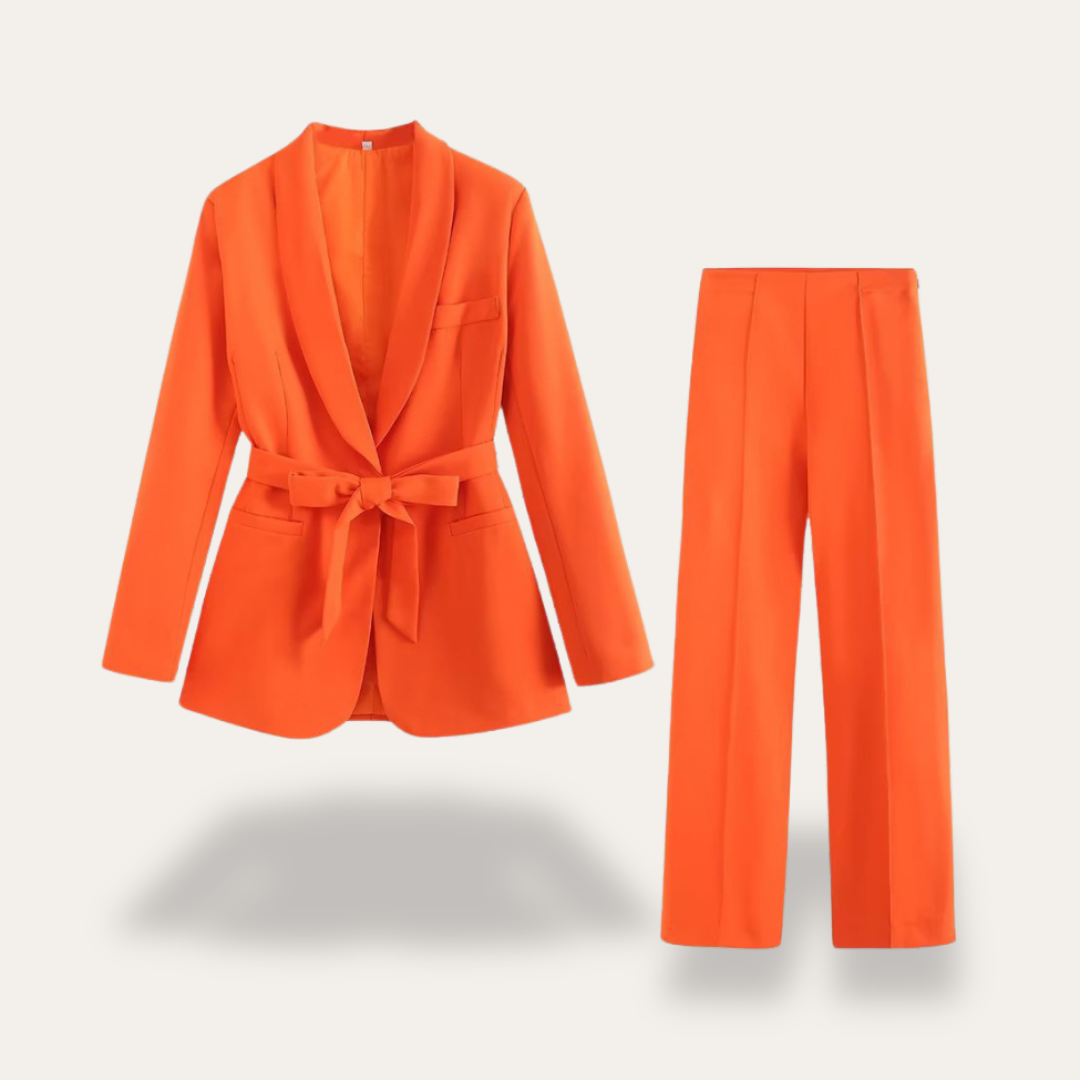 Women's Belted Blazer and Wide Leg Trousers Set