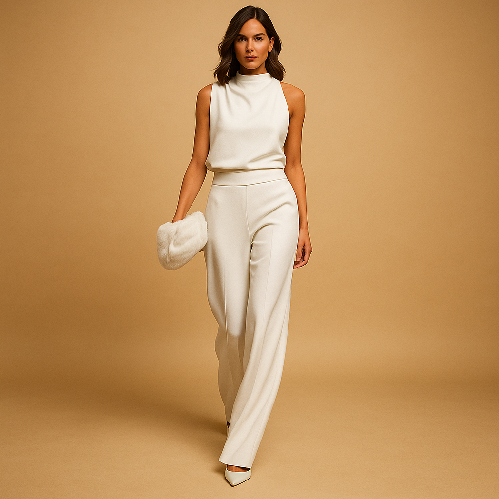 Polyester Women's Wide-Leg Jumpsuit with Halter Neckline