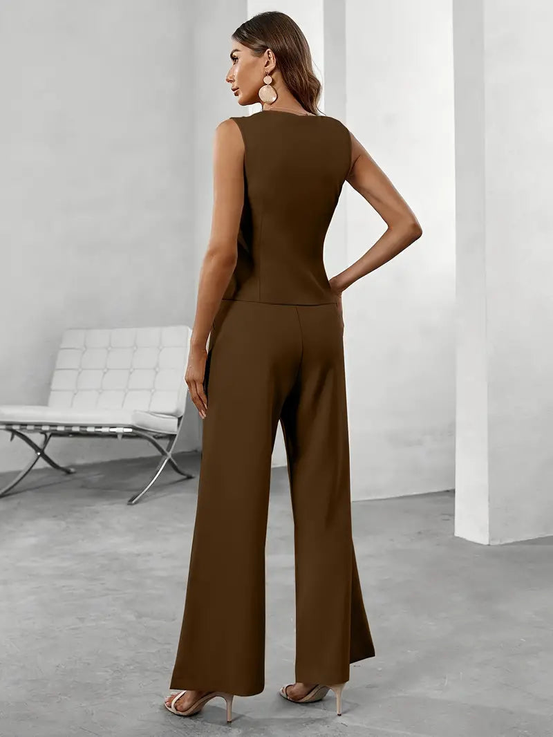 Women's Tailored Two-Piece Suit | Sleeveless Blazer & Wide-Leg Trousers