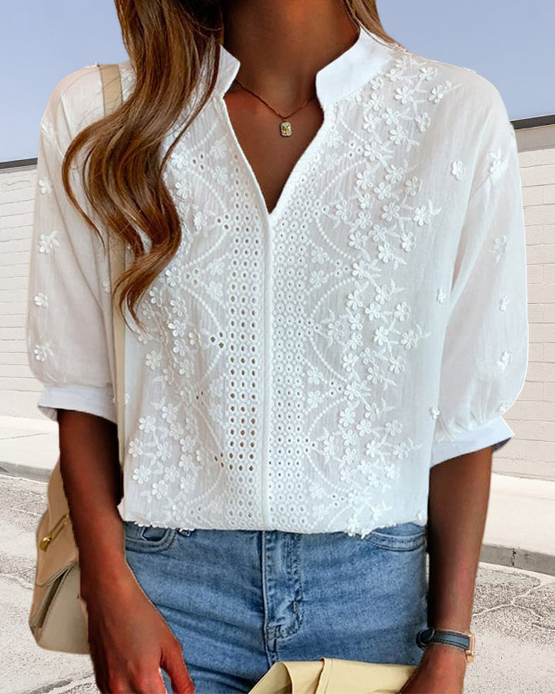 Viscose Women's Blouse with Puff Sleeves – Elegant V Neck Summer Top