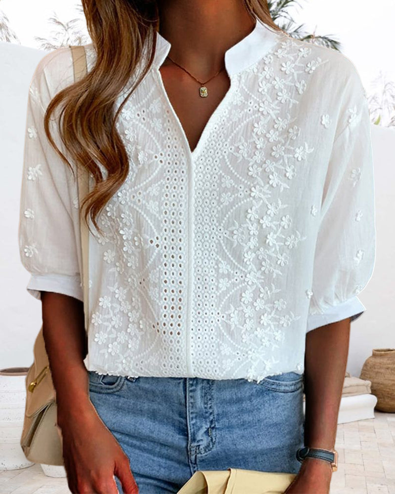 Viscose Women's Blouse with Puff Sleeves – Elegant V Neck Summer Top