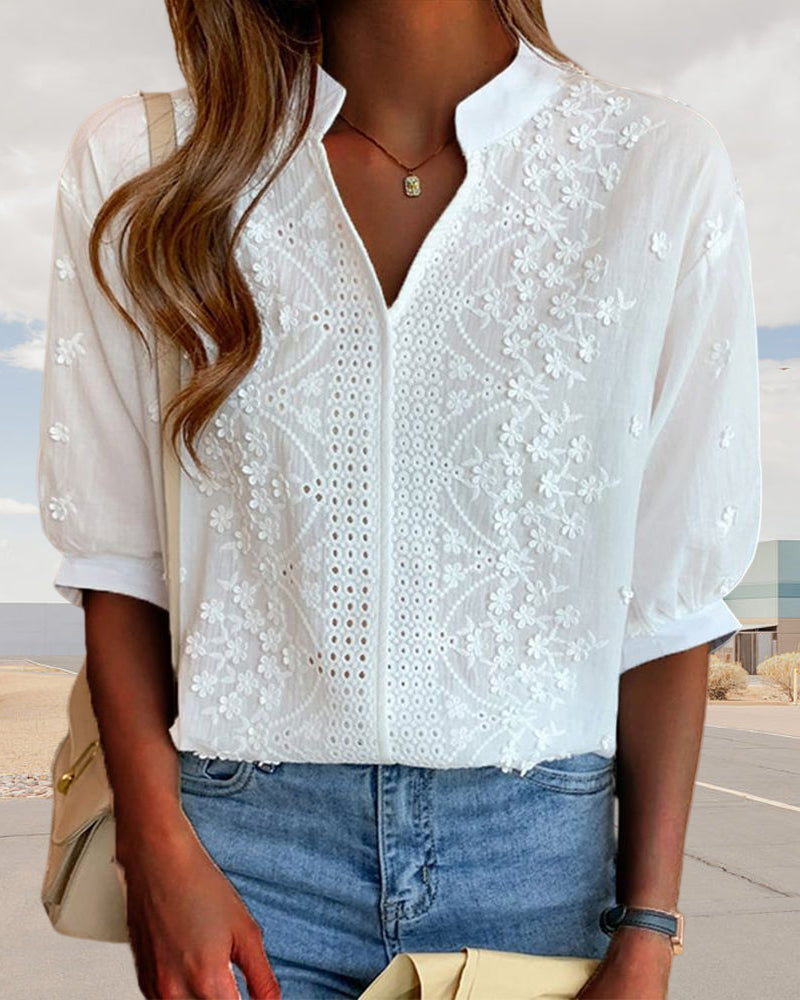 Viscose Women's Blouse with Puff Sleeves – Elegant V Neck Summer Top