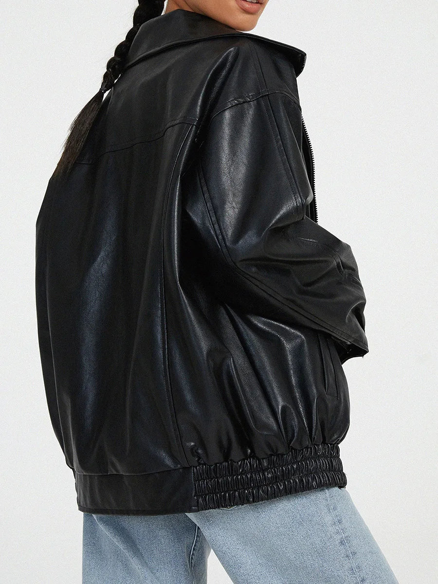 Women's Faux Leather Oversized Bomber Jacket