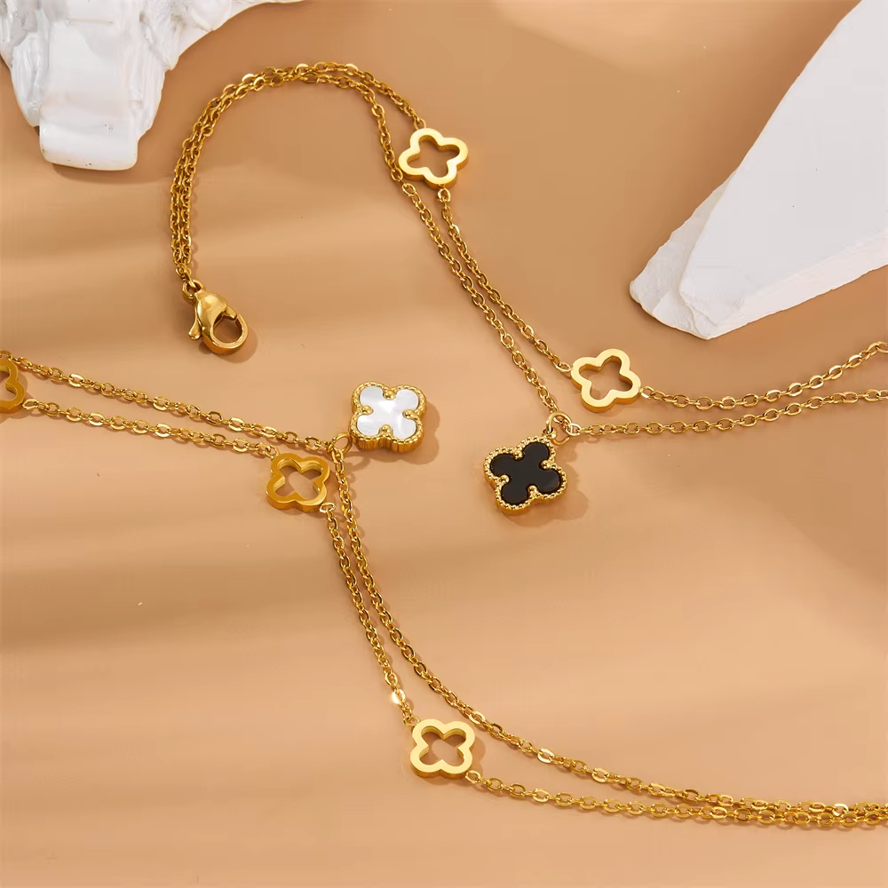 Gold-Plated Stainless Steel Women's Anklet with Clover Charms