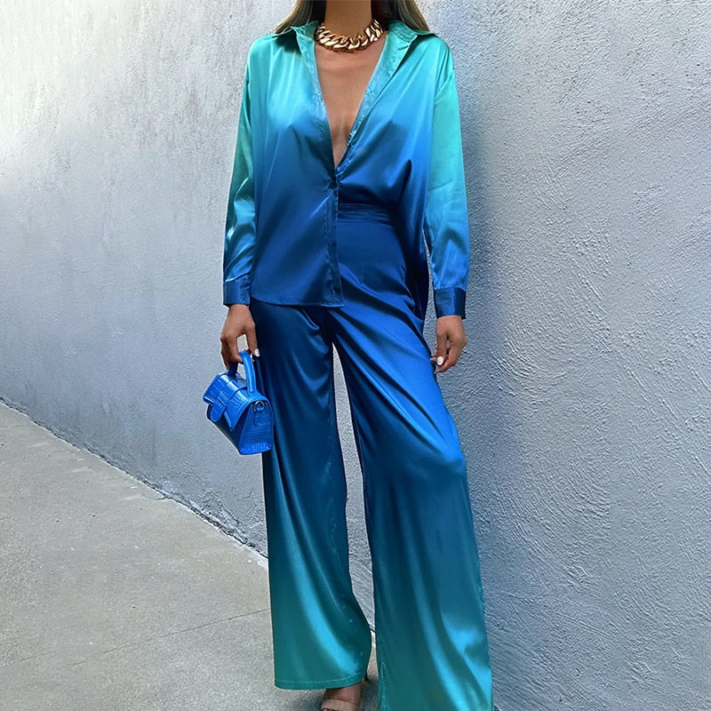Women's Gradient Ombré Loungewear Set – Relaxed Shirt & Trousers