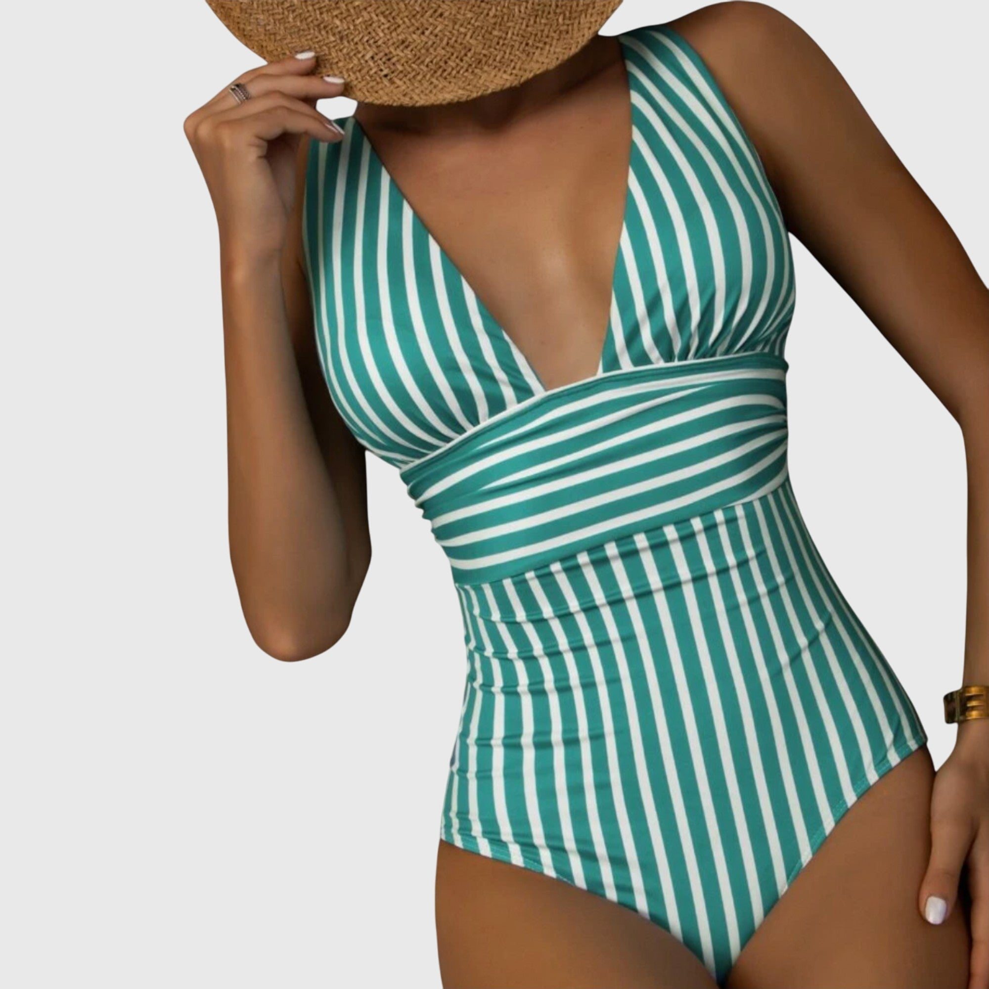 Striped V-Neck One-Piece Swimsuit for Women | High-Quality Swim Fabric
